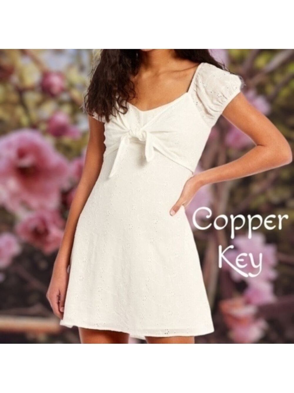 COPPER KEY JR Eyelet, Puff Sleeve, Front Tie Mini Dress-White/XXL/NWT